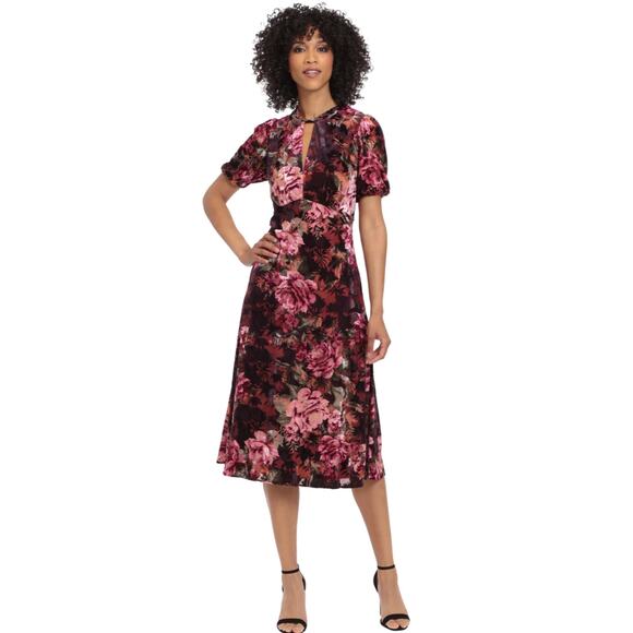 Maggy London NWT Sz 8 Farron Midi Dress Burnout Velvet Floral Keyhole Empire - Picture 1 of 14